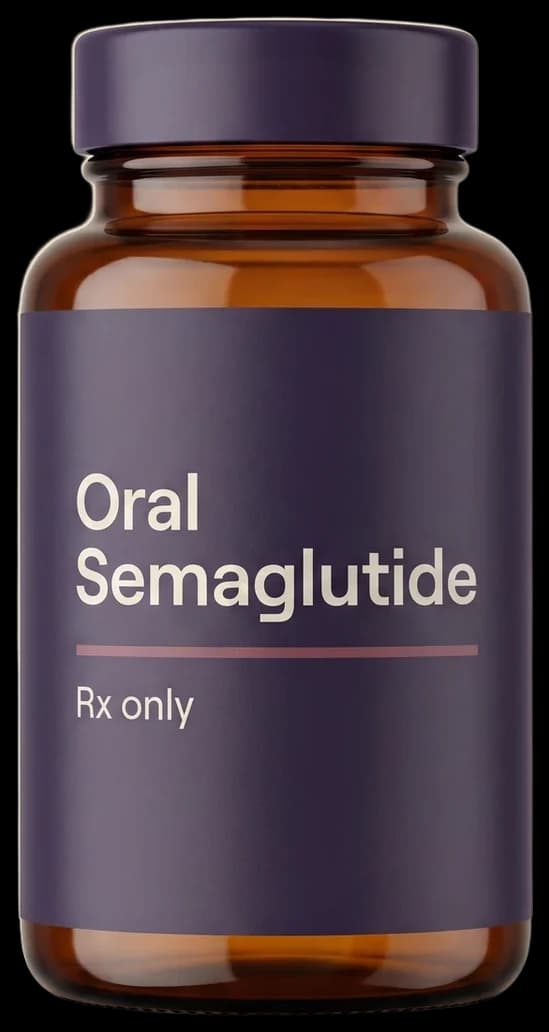 An unbranded amber pill bottle labelled Oral Semaglutide, Rx only.