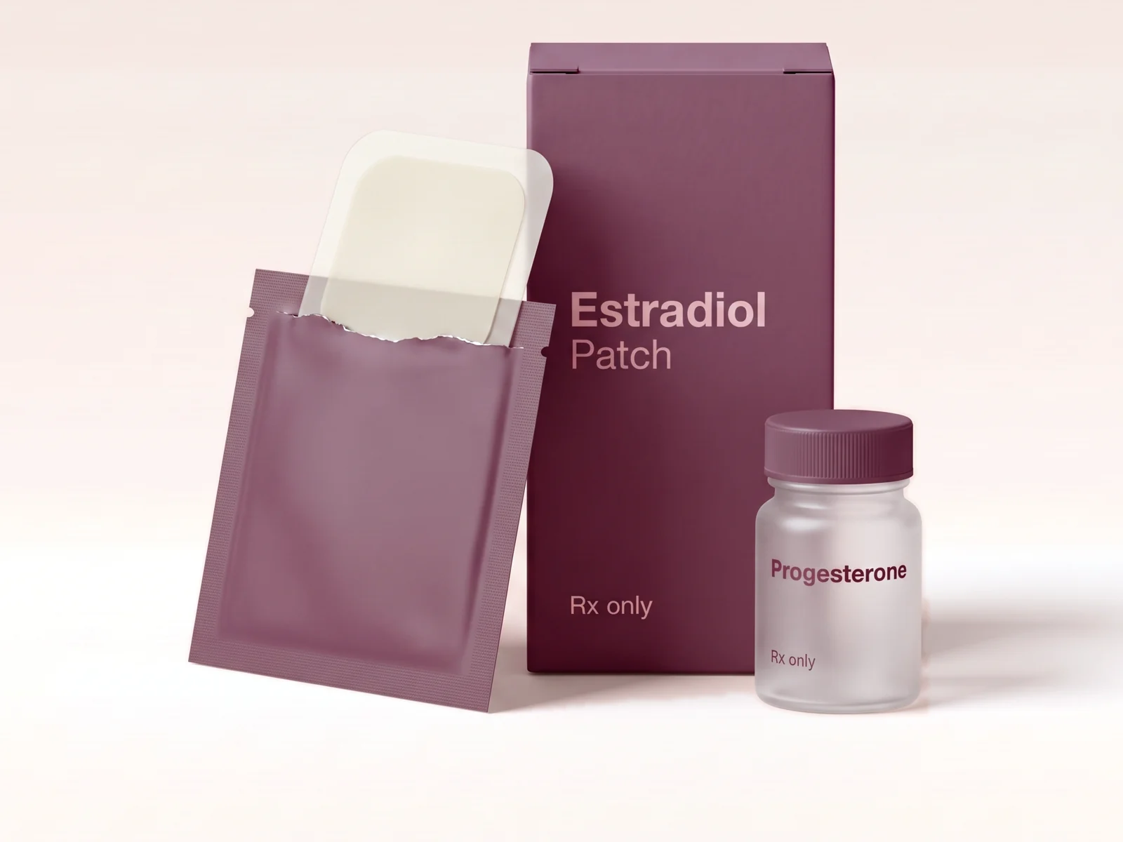 A skin patch half out of a plum pouch, beside a plum carton labelled Estradiol Patch and a small bottle labelled Progesterone.