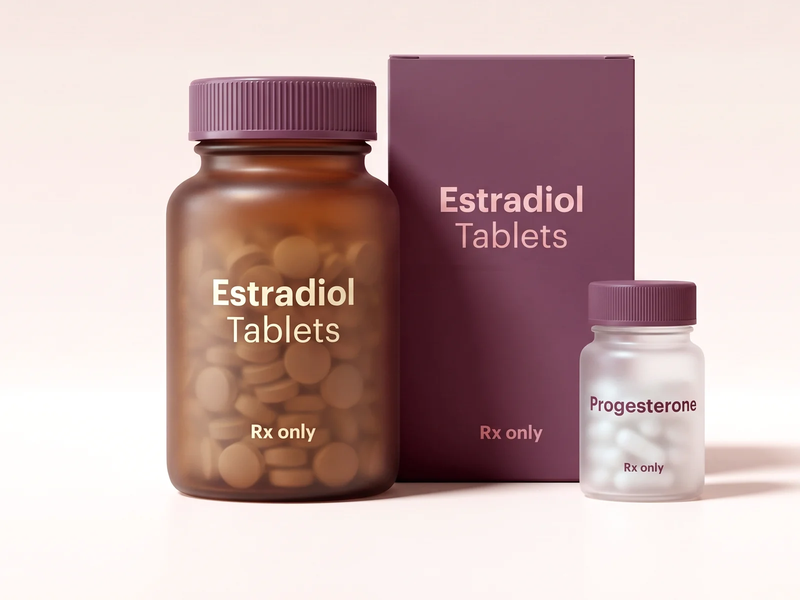 An amber bottle and a plum carton, both labelled Estradiol Tablets, beside a small bottle labelled Progesterone.