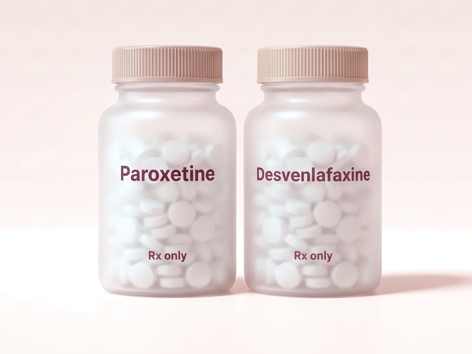 Two frosted bottles of white tablets, one labelled Paroxetine and one labelled Desvenlafaxine.