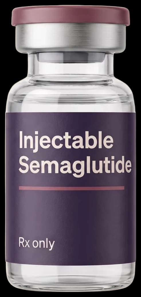 An unbranded glass vial labelled Injectable Semaglutide, Rx only.