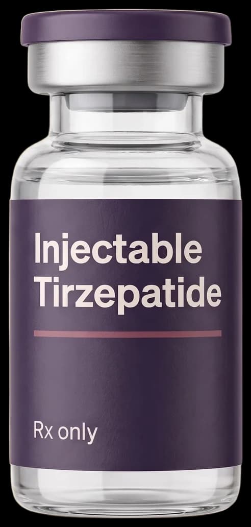 An unbranded glass vial labelled Injectable Tirzepatide, Rx only.