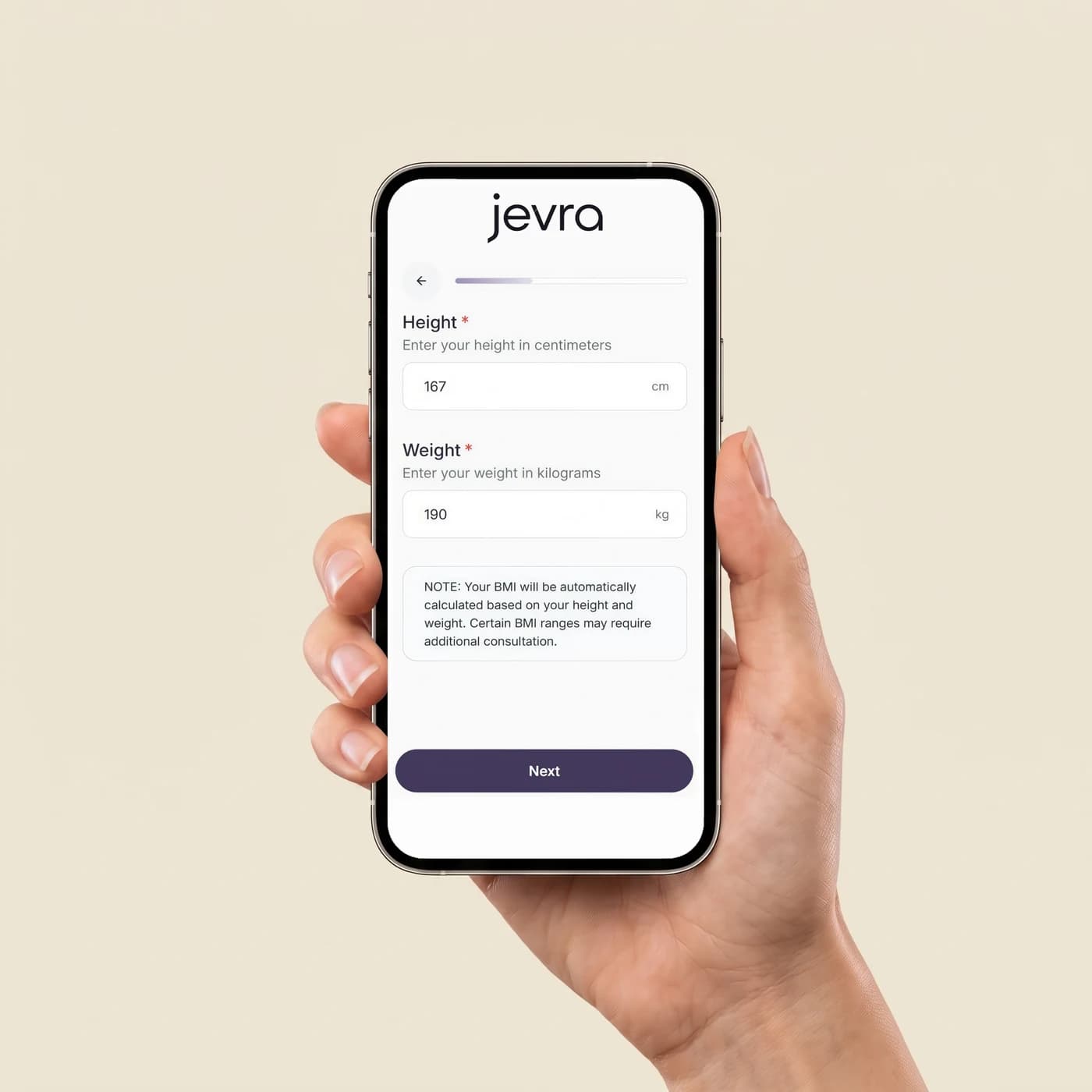 A hand holding a phone showing the Jevra online assessment, asking for height and weight.