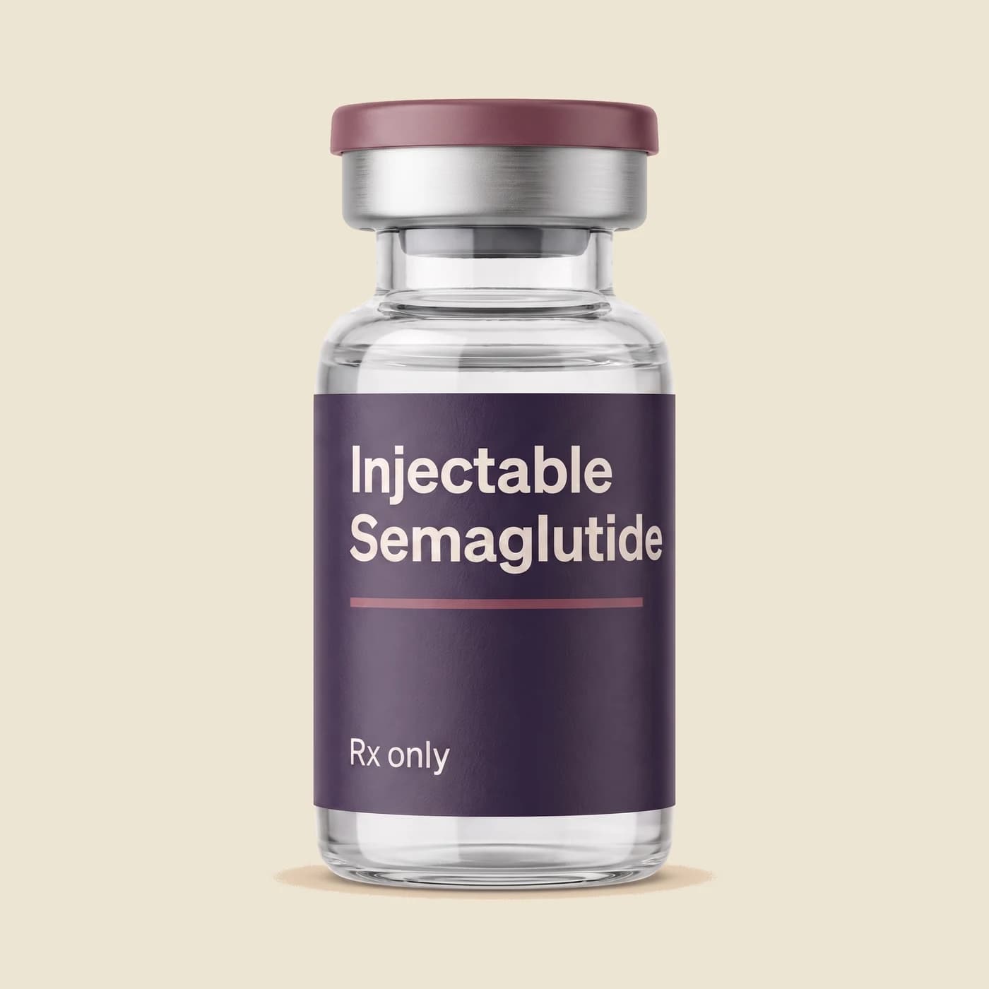An unbranded glass vial labelled Injectable Semaglutide, Rx only.