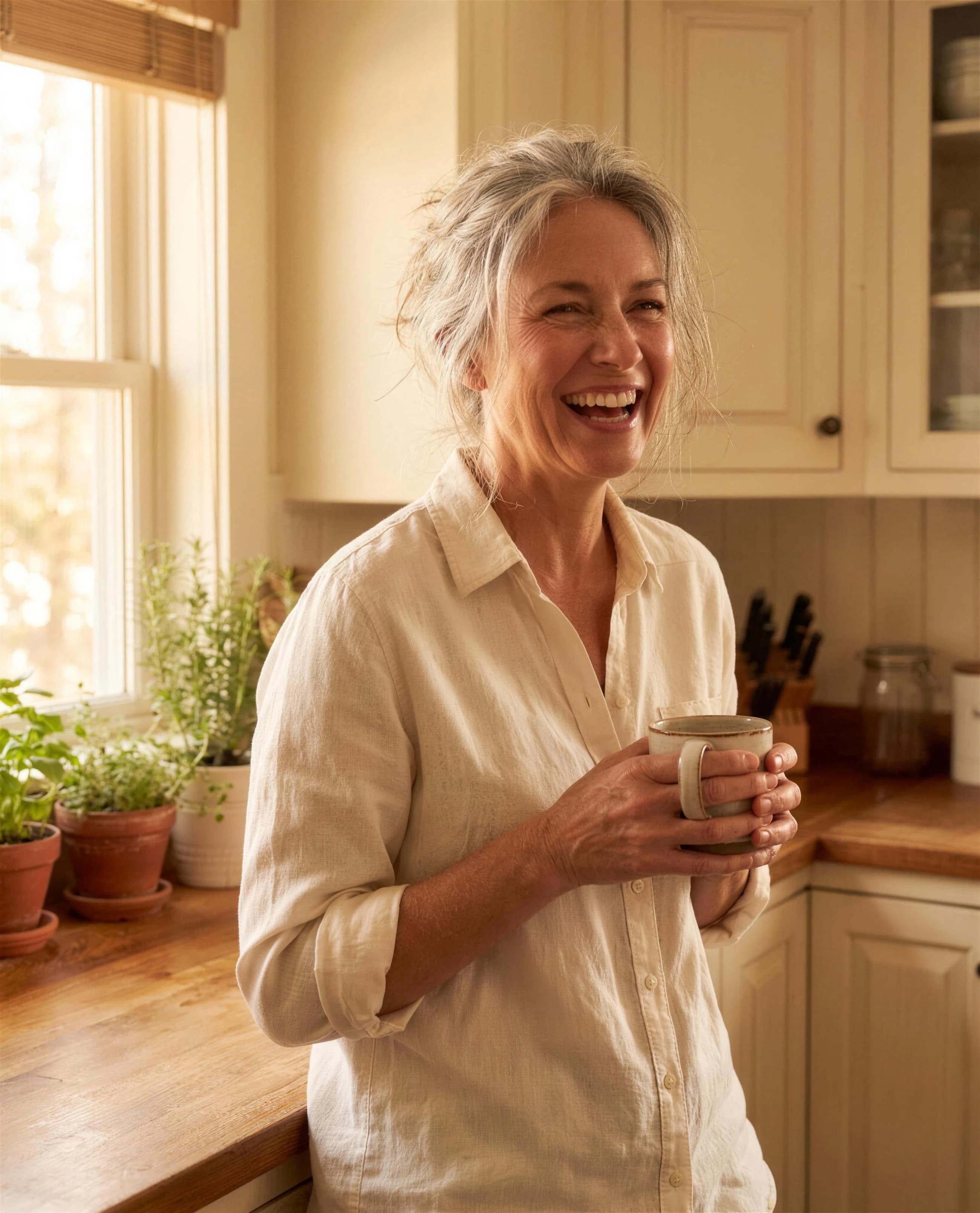 A woman smiling in her kitchen, at ease.
