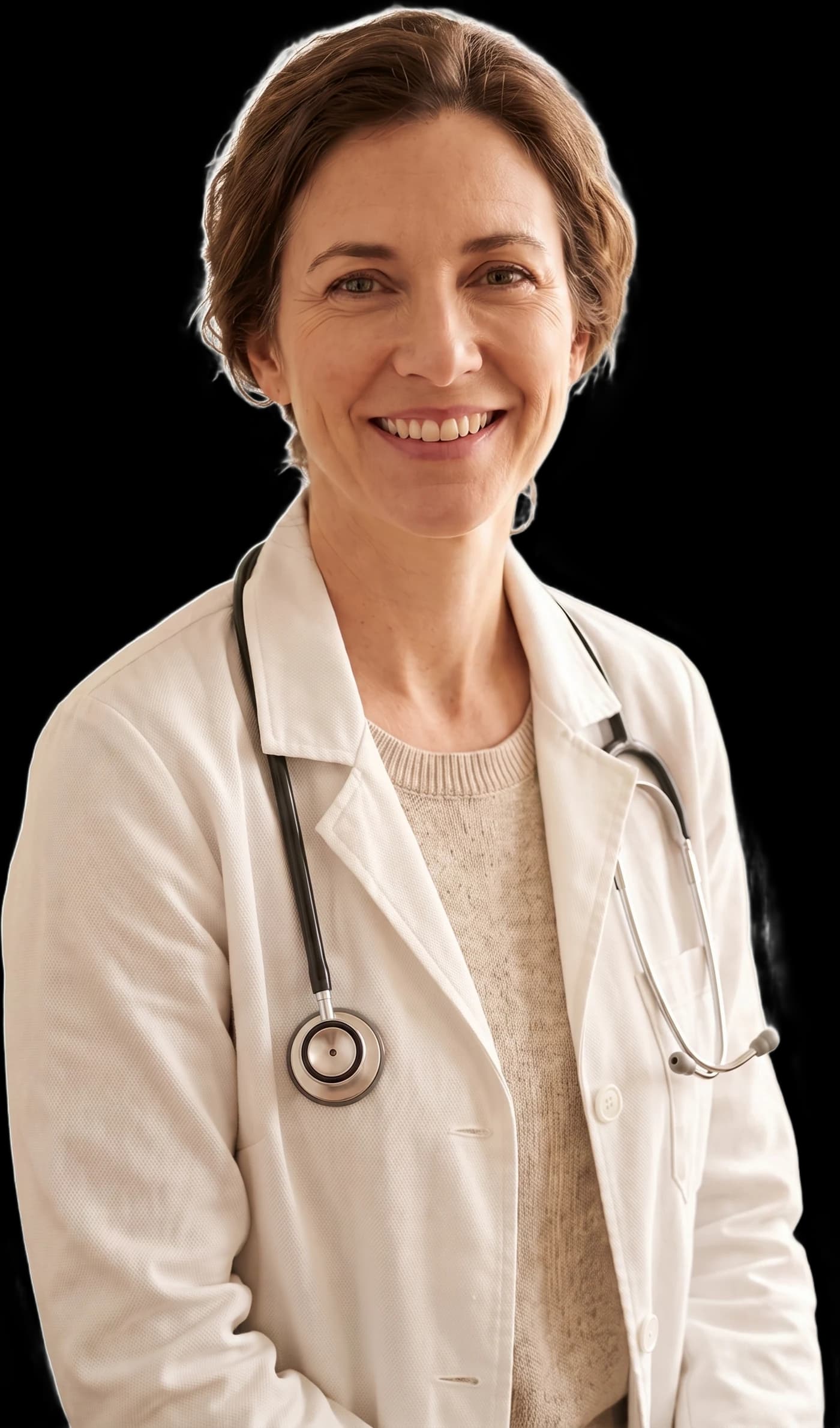 A licensed physician in a white coat smiling warmly at the camera.