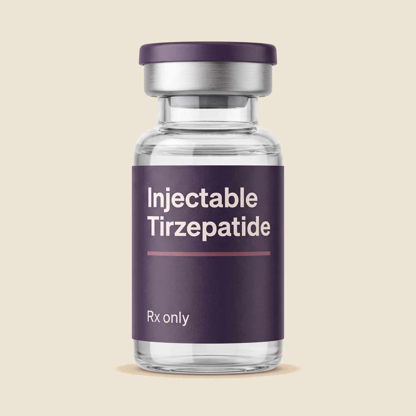 An unbranded glass vial labelled Injectable Tirzepatide, Rx only.